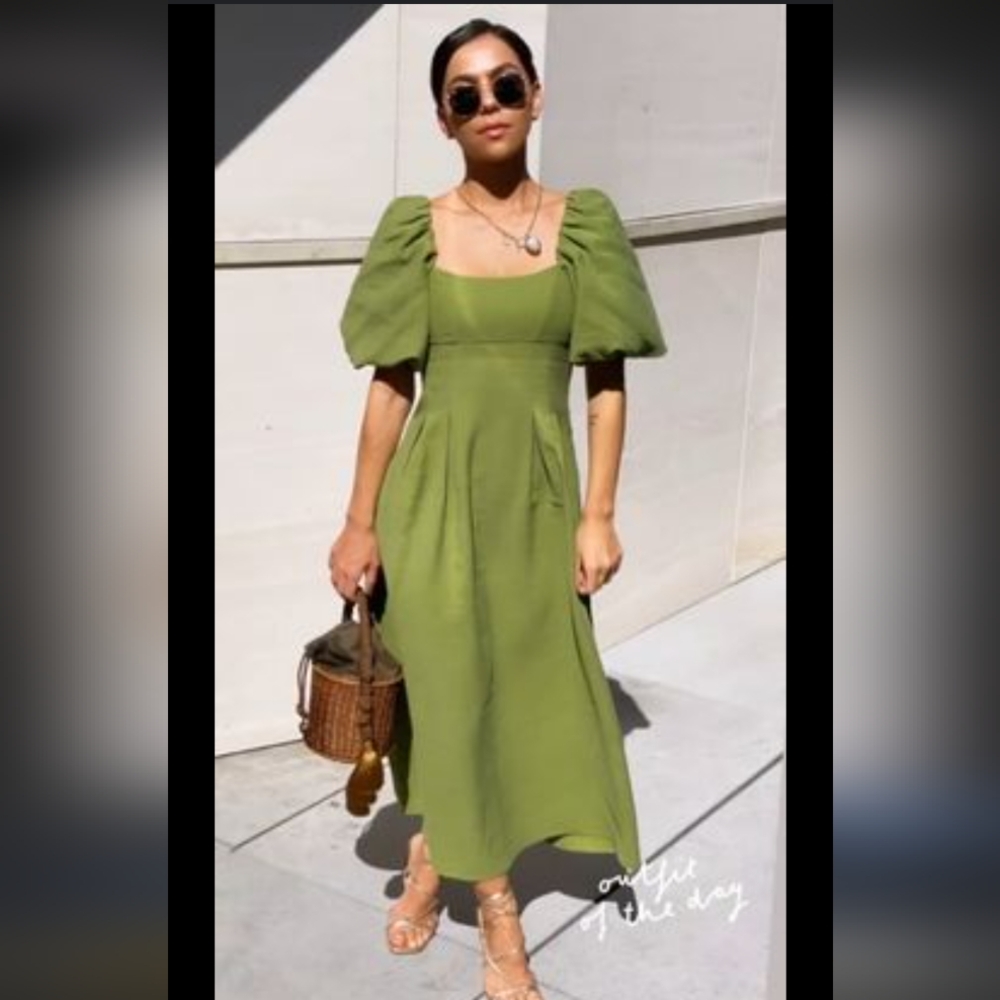 Zara olive green puff sleeve linen midi dress fit and flare with pockets